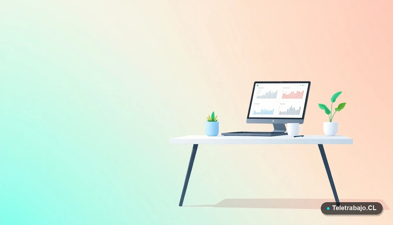 Escritorio moderno y minimalista con laptop, planta y taza de café, mostrando gráficos abstractos. Fondo degradado azul menta, concepto de espacio de trabajo híbrido eficiente.