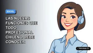 Ilustración vectorial plana de una mujer profesional chilena con blusa azul y corte bob, sonriendo, sobre un fondo degradado azul y blanco. Representa el dominio de las nuevas funciones de Excel 2026.
