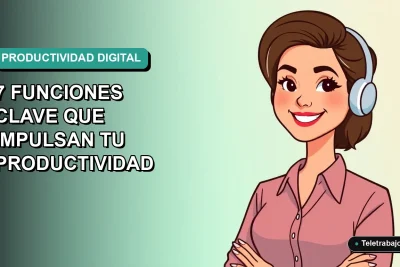 Ilustración plana corporativa de una mujer profesional chilena de teletrabajo sonriendo, con fondo degradado azul verdoso. Representa productividad y dominio de Excel.