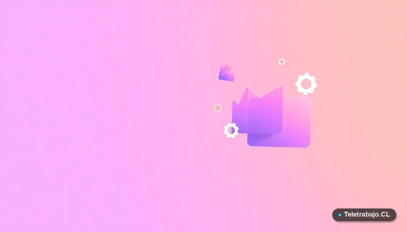 Composición abstracta de interfaz de usuario con gráficos flotantes y iconos de engranaje y carpetas, en colores lavanda y durazno, estilo ilustración vectorial plana moderna.