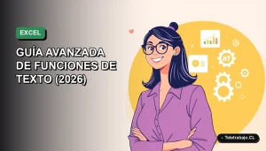 Ilustración plana corporativa de una mujer profesional de teletrabajo sonriente, con blusa azul, junto a gráficos flotantes de Excel. Fondo con gradiente suave de verdes.