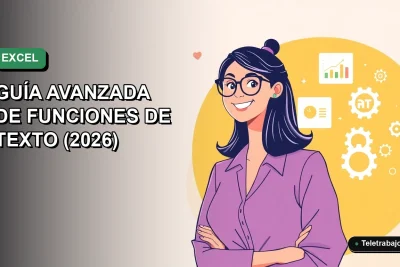 Ilustración plana corporativa de una mujer profesional de teletrabajo sonriente, con blusa azul, junto a gráficos flotantes de Excel. Fondo con gradiente suave de verdes.