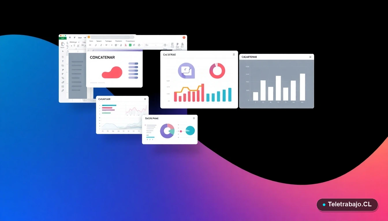 Interfaz de usuario abstracta y minimalista con gráficos, ventanas de Excel y símbolos de funciones de texto flotantes, sobre un fondo con gradiente melocotón.