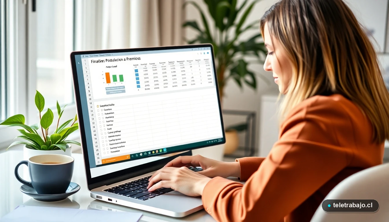 Mujer emprendedora chilena usando Microsoft Excel para gestionar datos y postulaciones a premios en su oficina en casa