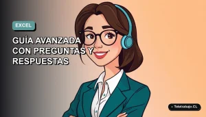 Ilustración plana corporativa de una mujer profesional chilena con blusa blanca y pelo castaño, sonriendo, sobre un fondo degradado suave azul verdoso. Concepto de preparación para entrevistas laborales y dominio de Excel.