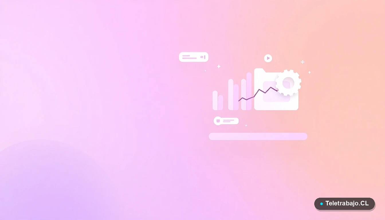 Composición abstracta de interfaz de usuario con gráficos flotantes, un engranaje y carpetas, en estilo ilustración plana, sobre fondo degradado lila y durazno. Representa el dominio de datos y herramientas de oficina.