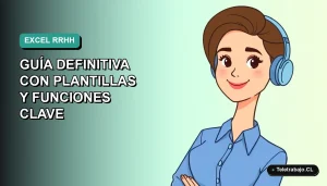 Ilustración vectorial plana de una mujer profesional chilena sonriente, con blusa azul, mirando a la cámara. Fondo degradado suave azul verdoso. Concepto de recursos humanos y tecnología.