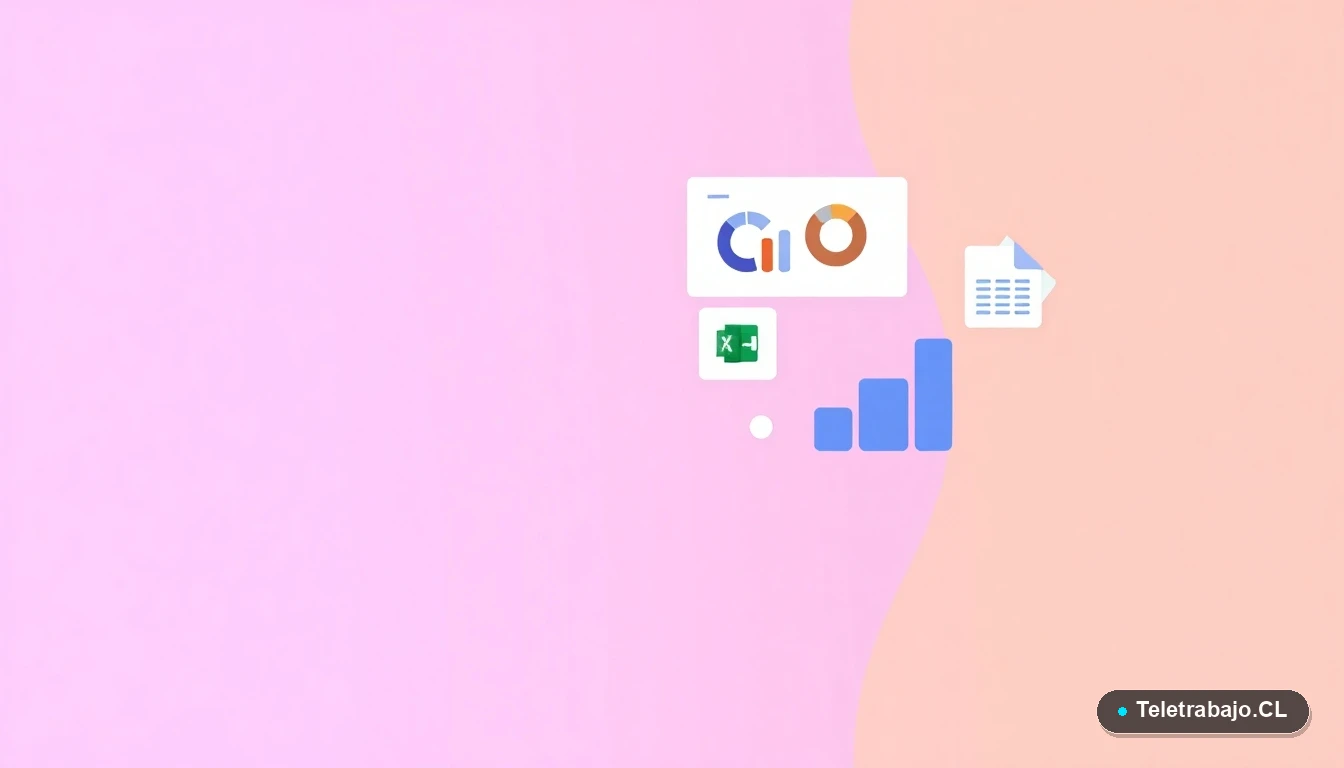 Ilustración de interfaz de usuario abstracta con gráficos flotantes, un engranaje y una carpeta, sobre fondo degradado lila y durazno. Representación de datos y automatización en Excel para RRHH.