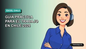 Ilustración plana vectorial de una mujer profesional chilena sonriente, con blusa azul y corte de pelo bob, sobre un fondo degradado suave de color verde azulado. Representa el dominio de Excel en el trabajo remoto.