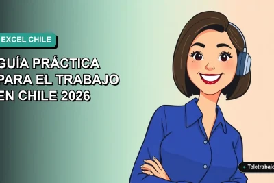 Ilustración plana vectorial de una mujer profesional chilena sonriente, con blusa azul y corte de pelo bob, sobre un fondo degradado suave de color verde azulado. Representa el dominio de Excel en el trabajo remoto.