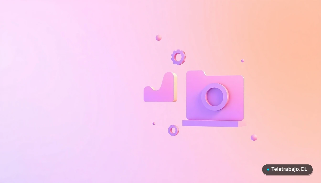 Composición abstracta de interfaz de usuario con gráficos flotantes, un engranaje y carpetas minimalistas en tonos lavanda y durazno, sobre un fondo degradado. Concepto de datos y tecnología para el dominio de Excel.