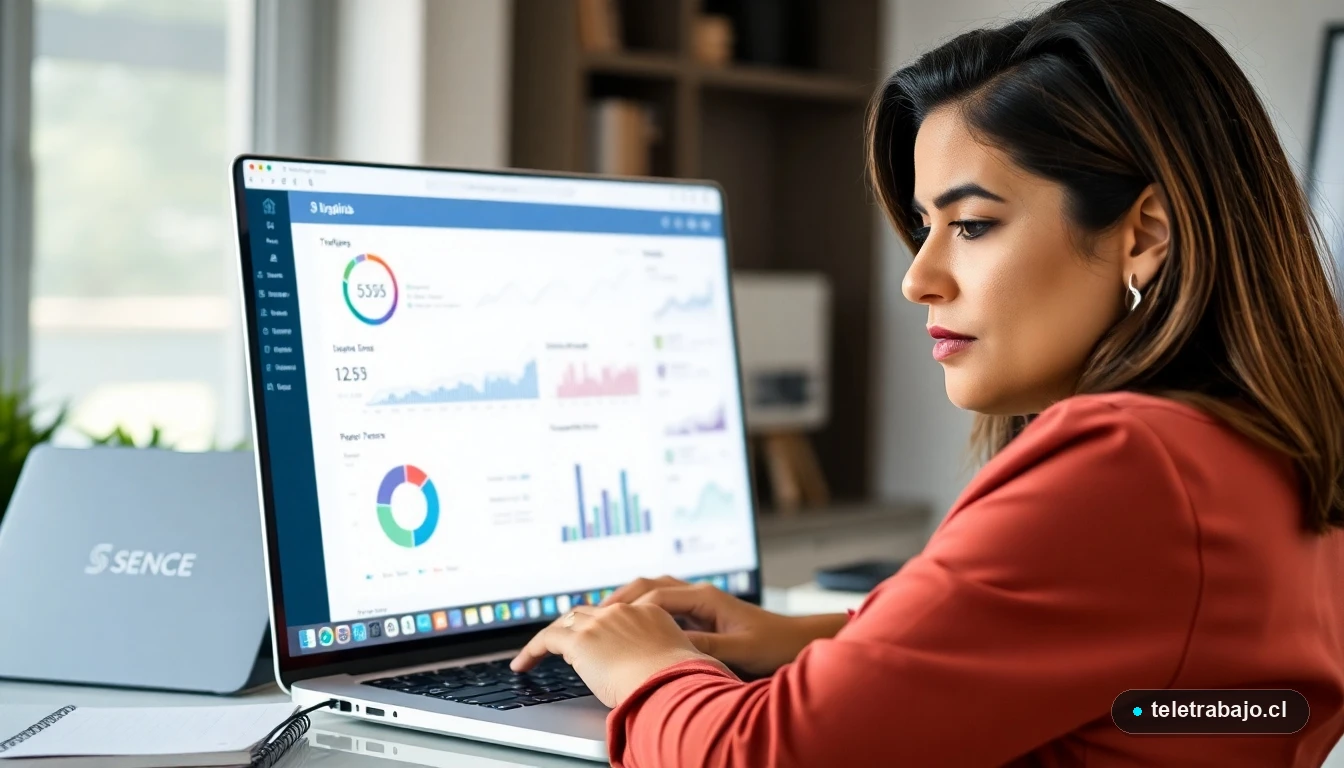 Mujer profesional chilena realizando un curso de analítica web SENCE desde su casa, analizando datos de un dashboard digital