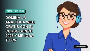 Ilustración plana vectorial de una mujer profesional de tecnología con blusa azul, sonriendo, sobre un fondo degradado verde azulado. Representa el curso gratuito de analítica web SENCE 2026.
