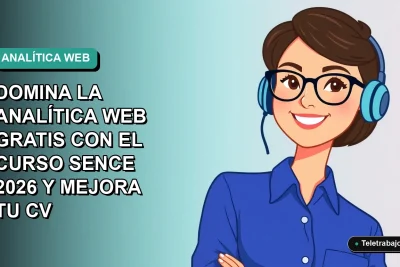 Ilustración plana vectorial de una mujer profesional de tecnología con blusa azul, sonriendo, sobre un fondo degradado verde azulado. Representa el curso gratuito de analítica web SENCE 2026.