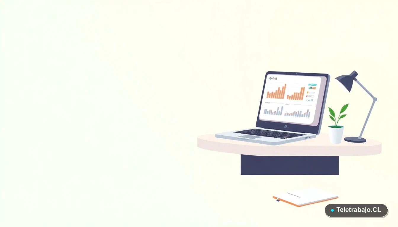 Ilustración vectorial de una estación de trabajo moderna y minimalista con laptop mostrando gráficos, cuaderno y una planta, sobre fondo degradado verde menta. Representa el aprendizaje de analítica web.