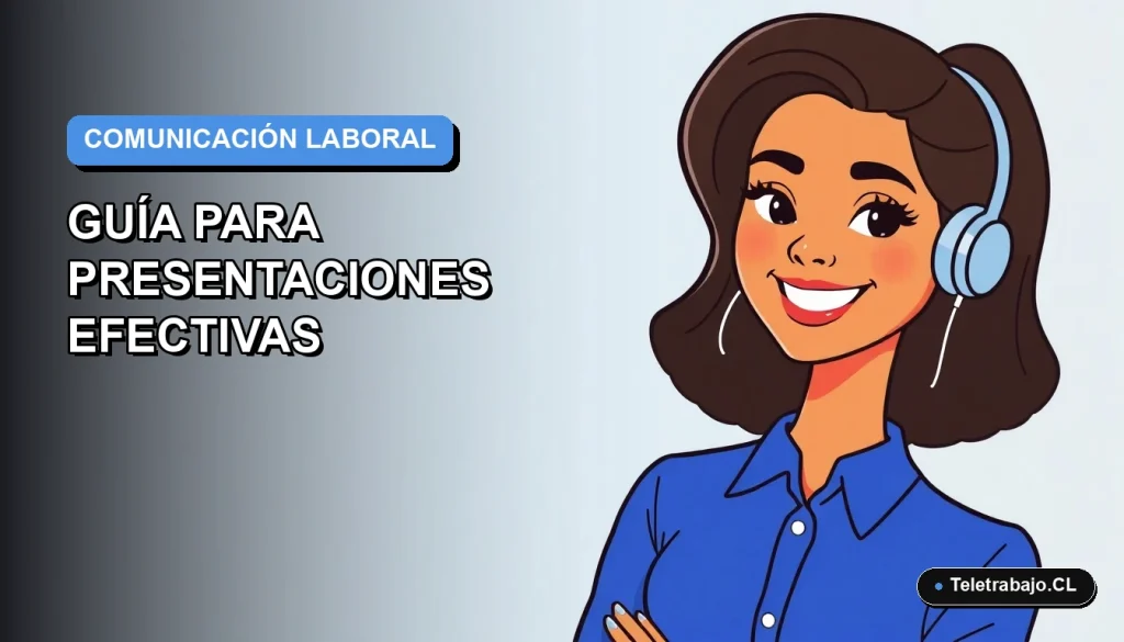 Ilustración plana corporativa de una mujer profesional chilena sonriente, con blusa azul y corte de pelo moderno, sobre fondo degradado azul y gris. Representa comunicación laboral efectiva.