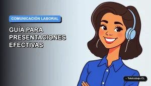 Ilustración plana corporativa de una mujer profesional chilena sonriente, con blusa azul y corte de pelo moderno, sobre fondo degradado azul y gris. Representa comunicación laboral efectiva.