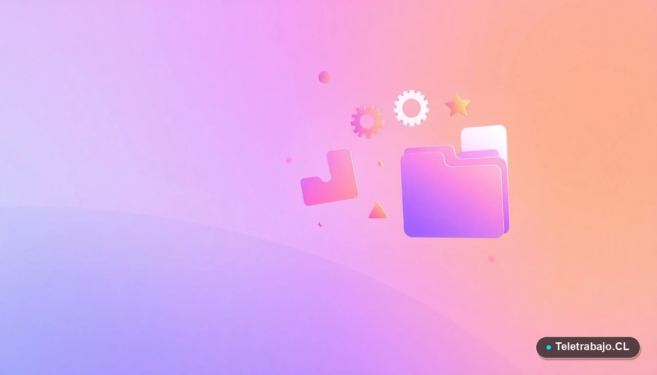 Elementos abstractos de interfaz de usuario tecnológica, con gráficos flotantes y engranajes estilizados en colores lavanda y durazno, sobre fondo degradado. Concepto de presentaciones digitales y organización.