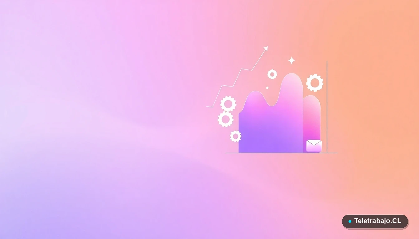 Elementos de interfaz de usuario abstractos y coloridos, como gráficos y engranajes flotantes, sobre fondo degradado lila, simbolizando datos y conexión en equipos remotos.