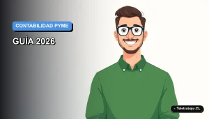Ilustración plana de un trabajador masculino de tecnología, con suéter verde y camisa, sonriendo, sobre un fondo degradado azul y blanco. Representa el aprendizaje de contabilidad para pequeñas empresas.