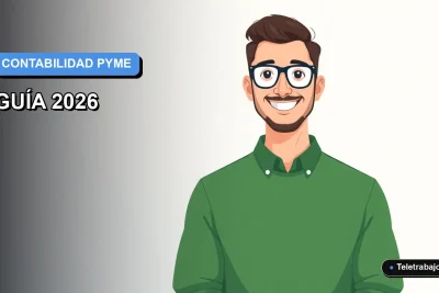 Ilustración plana de un trabajador masculino de tecnología, con suéter verde y camisa, sonriendo, sobre un fondo degradado azul y blanco. Representa el aprendizaje de contabilidad para pequeñas empresas.