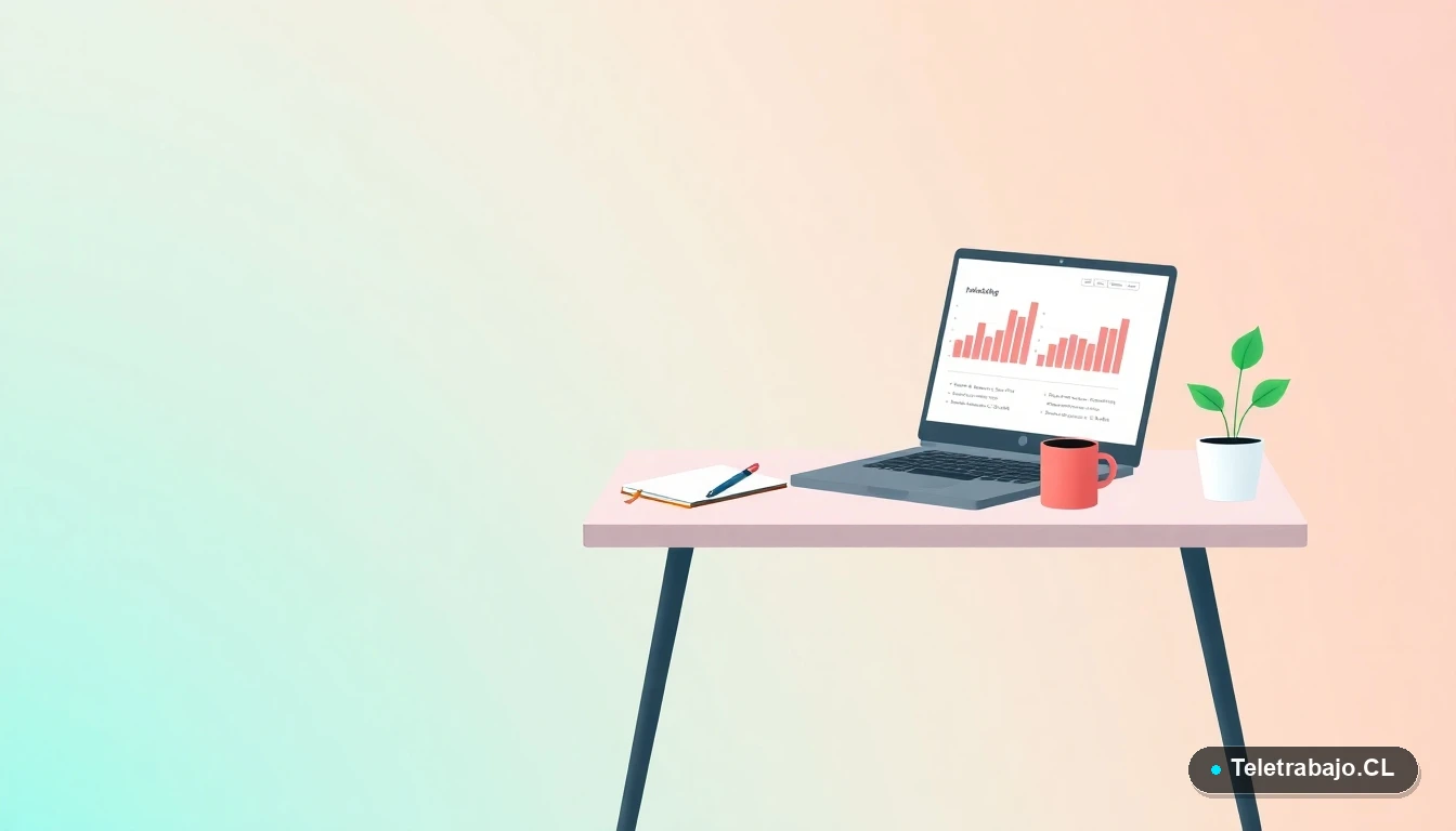 Escritorio moderno minimalista con laptop mostrando gráficos, una planta, cuaderno y taza de café sobre fondo degradado menta. Representa el espacio de trabajo para la gestión contable.