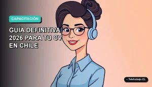 Ilustración vectorial plana de una mujer profesional chilena con blusa azul y pelo recogido, sonriendo. Fondo con gradiente suave de azul a verde menta. Espacio negativo a la izquierda. Representa cursos de contabilidad SENCE para mejorar el CV.