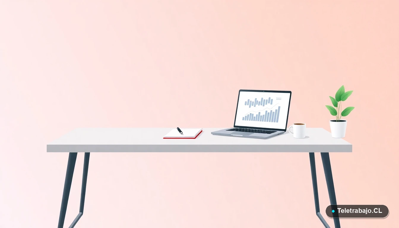 Escritorio moderno minimalista con laptop, taza de café y planta. Fondo con gradiente lavanda. Representa el espacio de estudio para cursos online de contabilidad SENCE.