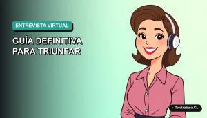 Ilustración plana vectorial de una mujer profesional chilena en una entrevista de trabajo virtual, fondo degradado azul verdoso.
