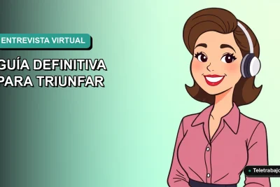 Ilustración plana vectorial de una mujer profesional chilena en una entrevista de trabajo virtual, fondo degradado azul verdoso.