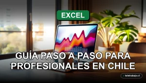 Profesional chileno dominando la función BUSCARV de Excel en su oficina moderna, con gráficos abstractos en pantalla.