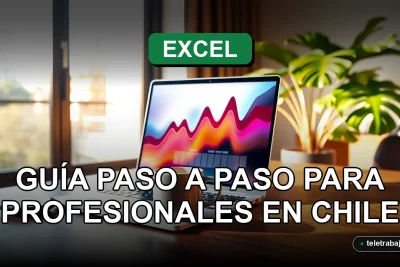 Profesional chileno dominando la función BUSCARV de Excel en su oficina moderna, con gráficos abstractos en pantalla.