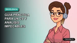 Ilustración plana vectorial de una mujer profesional de tecnología trabajando remotamente, con fondo degradado azul verdoso. Muestra dominio de Excel para análisis de datos y CV.