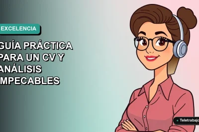 Ilustración plana vectorial de una mujer profesional de tecnología trabajando remotamente, con fondo degradado azul verdoso. Muestra dominio de Excel para análisis de datos y CV.