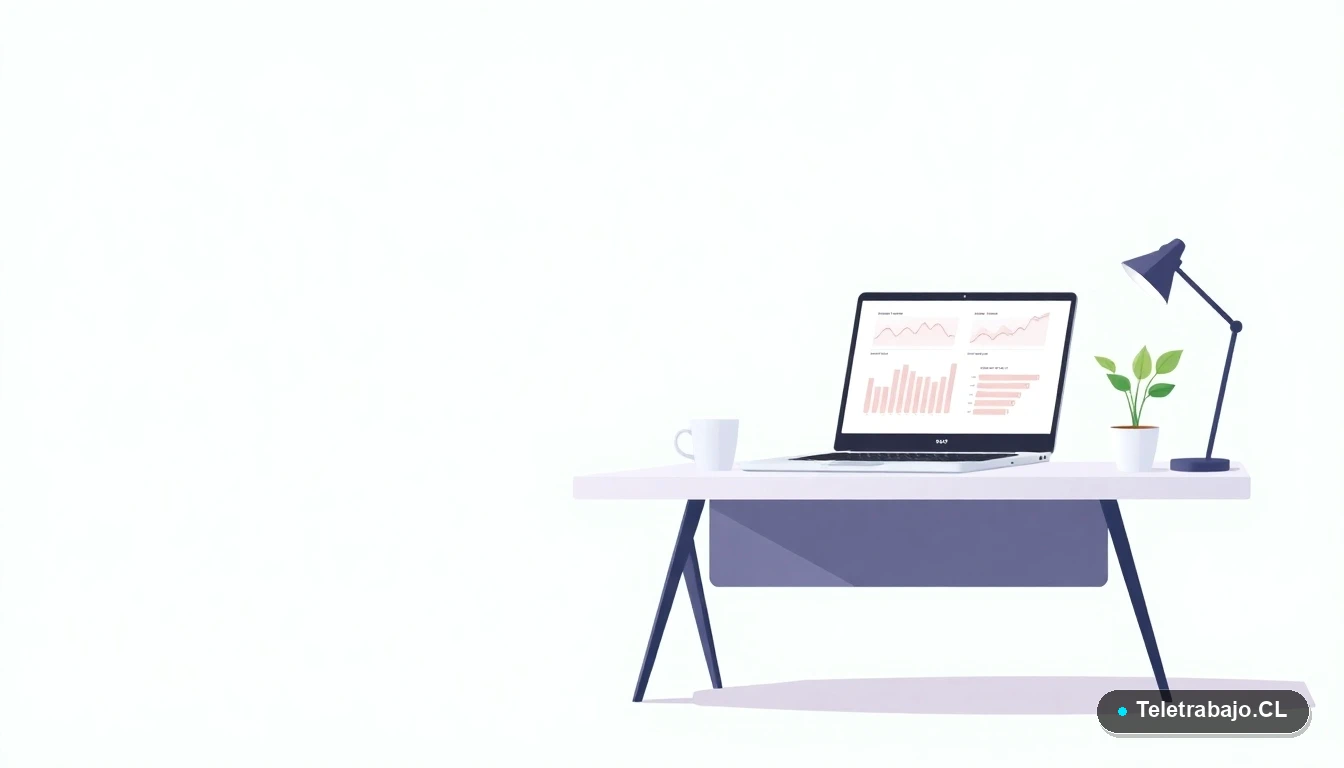 Escritorio moderno minimalista con laptop, gráficos de datos, taza de café y planta. Fondo degradado color menta, concepto de trabajo remoto y análisis en Excel.