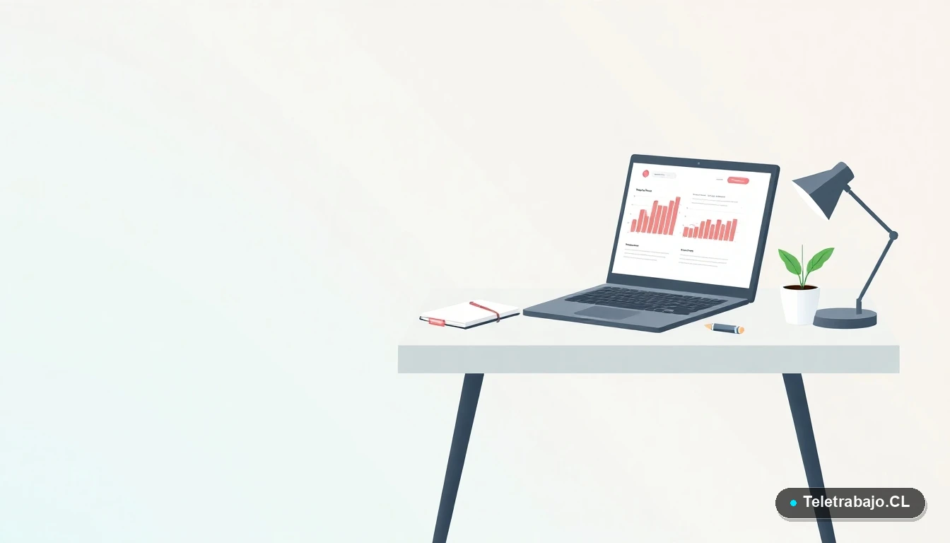 Escritorio moderno minimalista con laptop, gráficos de datos, taza de café y planta, fondo degradado fresco, concepto de productividad y organización.