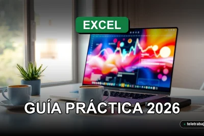 Guía práctica de gestión de proyectos en Excel para teletrabajo en 2026, mostrando un escritorio moderno.