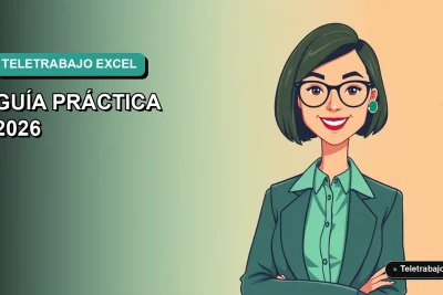 Ilustración plana de mujer profesional de teletrabajo sonriendo, con fondo degradado azul verdoso, representando dominio de Excel para gestión de proyectos remotos.