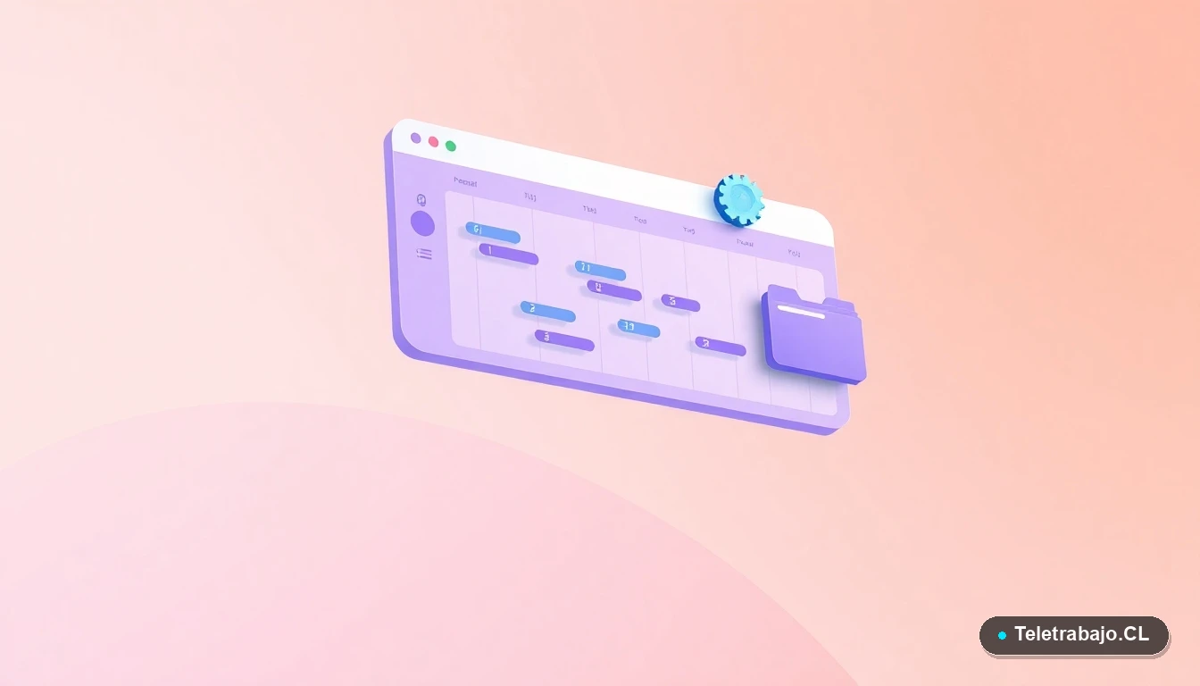 Interfaz de usuario abstracta con gráfico de Gantt, carpeta y engranaje en estilo ilustración plana, sobre fondo degradado melocotón, representando herramientas de gestión de proyectos.