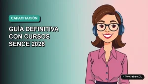 Ilustración plana corporativa de una mujer profesional de teletrabajo sonriendo, con fondo degradado azul verdoso. Representa cursos SENCE de gestión de inventario.