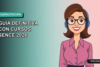 Ilustración plana corporativa de una mujer profesional de teletrabajo sonriendo, con fondo degradado azul verdoso. Representa cursos SENCE de gestión de inventario.