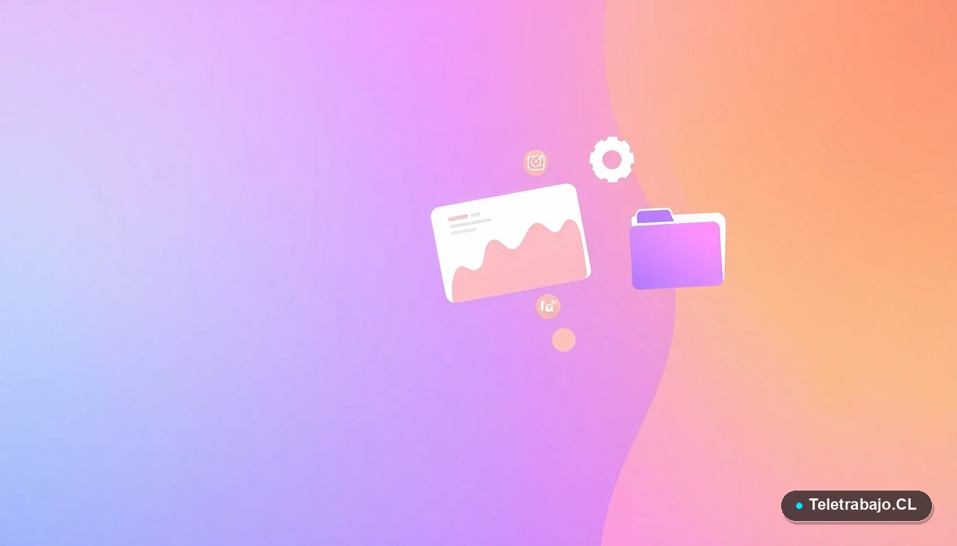 Composición abstracta de interfaz de usuario con gráficos flotantes y iconos de engranaje y carpeta, sobre fondo degradado lila. Concepto de gestión de stock y datos.