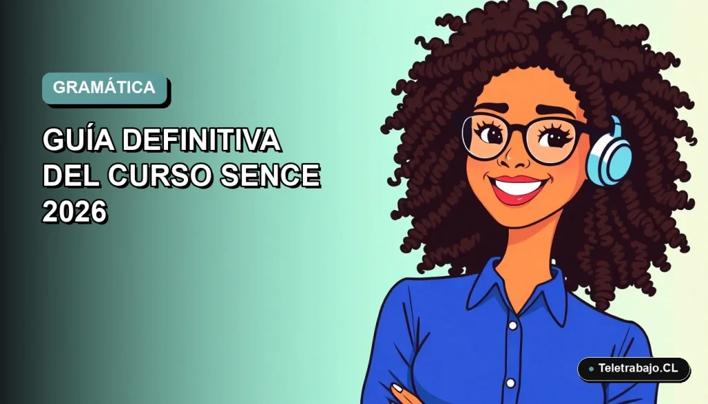 Ilustración plana de mujer profesional feliz con blusa azul, representando el dominio del inglés con el curso SENCE 2026, fondo degradado suave.