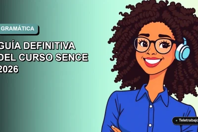 Ilustración plana de mujer profesional feliz con blusa azul, representando el dominio del inglés con el curso SENCE 2026, fondo degradado suave.
