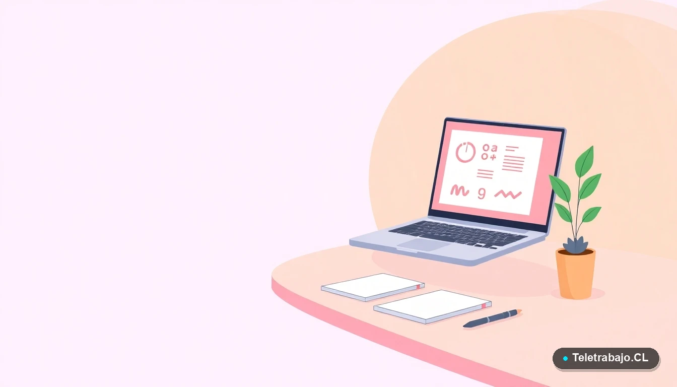 Escritorio moderno minimalista con laptop y elementos de estudio, ilustración plana para curso de inglés SENCE, fondo degradado lavanda.