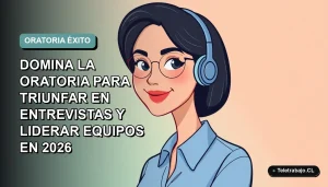 Ilustración plana vectorial de una mujer profesional de teletrabajo con blusa azul, sonriendo, sobre fondo degradado suave azul verdoso. Espacio negativo a la izquierda.