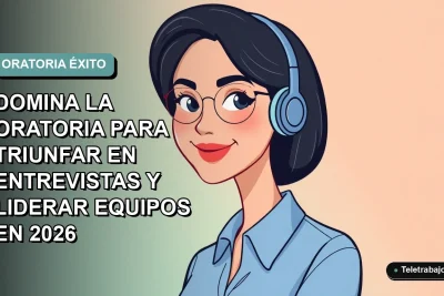 Ilustración plana vectorial de una mujer profesional de teletrabajo con blusa azul, sonriendo, sobre fondo degradado suave azul verdoso. Espacio negativo a la izquierda.