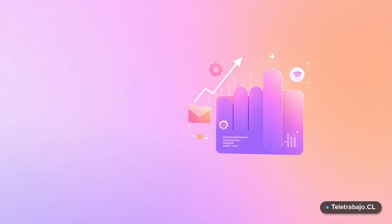 Composición abstracta de interfaz de usuario con gráficos flotantes y iconos de engranajes en colores lavanda y durazno, sobre fondo degradado. Concepto de tecnología y datos.