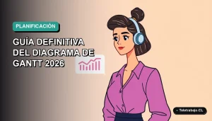 Ilustración vectorial plana de una mujer profesional chilena trabajando de forma remota junto a un diagrama de Gantt, fondo degradado azul verdoso.