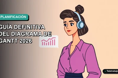 Ilustración vectorial plana de una mujer profesional chilena trabajando de forma remota junto a un diagrama de Gantt, fondo degradado azul verdoso.